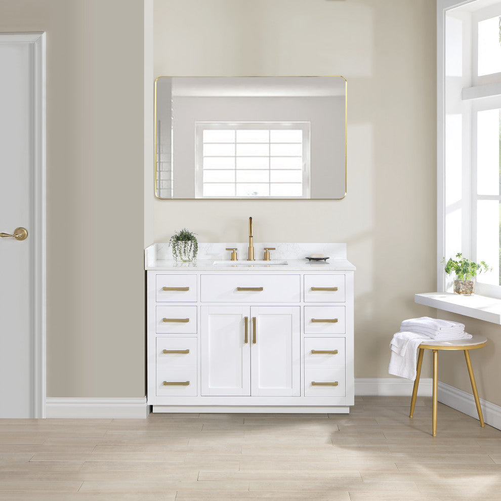 Gavino Vanity With Grain White Composite Stone Top, White/Brushed Gold, 48", With Mirror