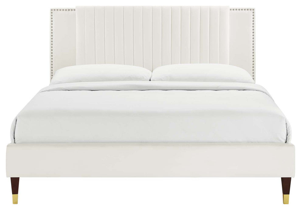 Zahra Channel Tufted Performance Velvet King Platform Bed, White