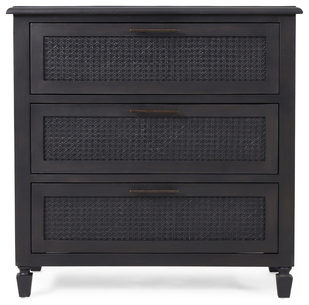 Pollards Rustic Acacia Wood and Cane 3 Drawer Dresser, Dark Gray