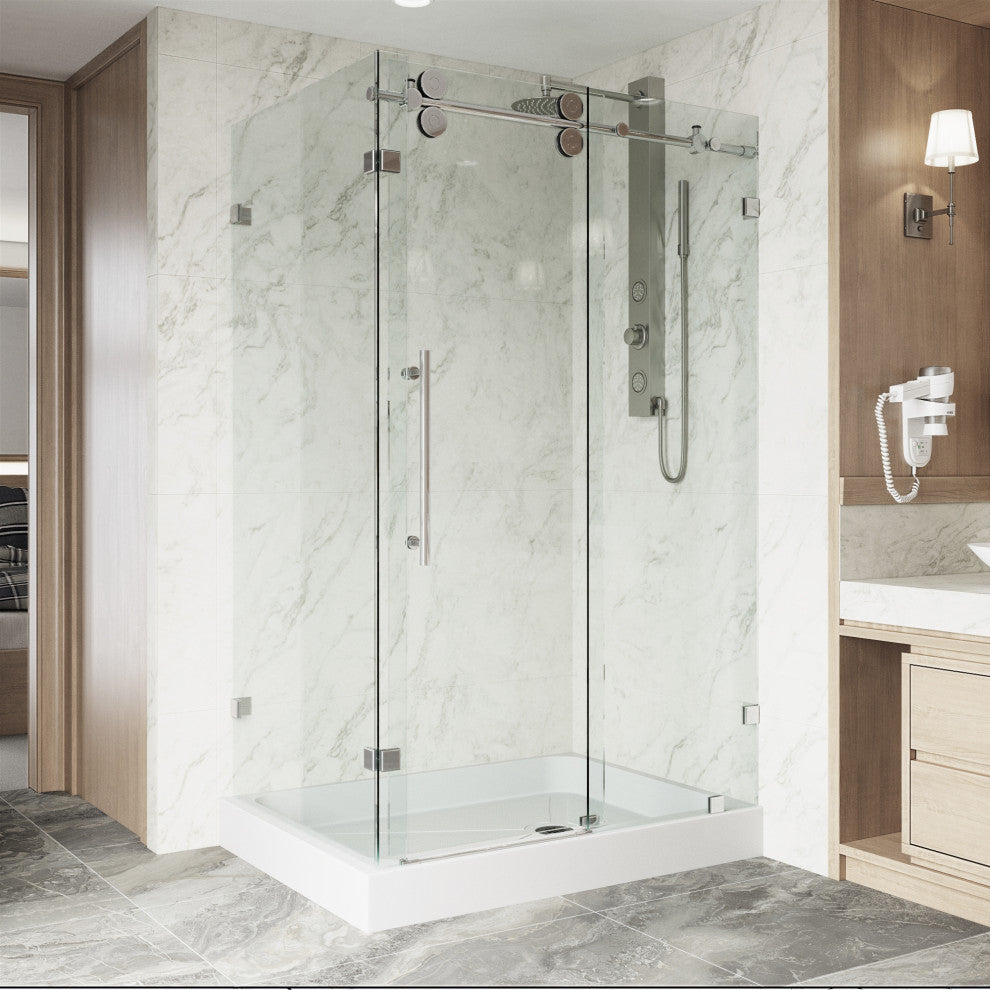 VIGO Winslow Frameless Sliding Shower Enclosure, Chrome, 36" D X 48" W X 80" H, Right Drain Base