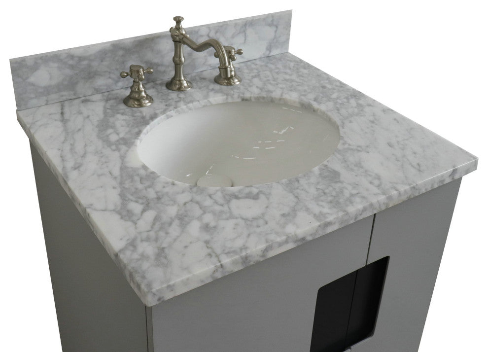 25" Single Sink Vanity, Light Gray Finish With White Carrara Marble