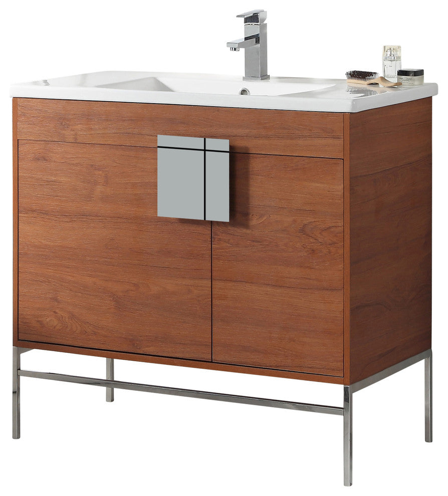 Modern Wallnut Bathroom Vanity Set, Chrome Hardware, Vireous China Sink Top