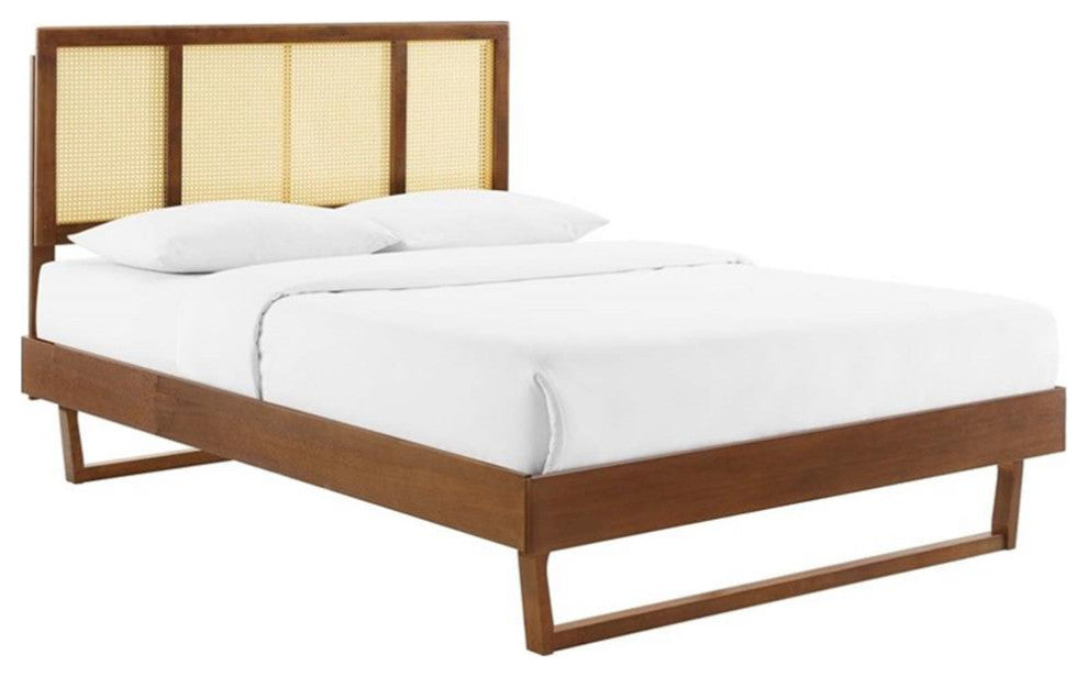 Kelsea Cane and Wood Full Platform Bed With Angular Legs Walnut