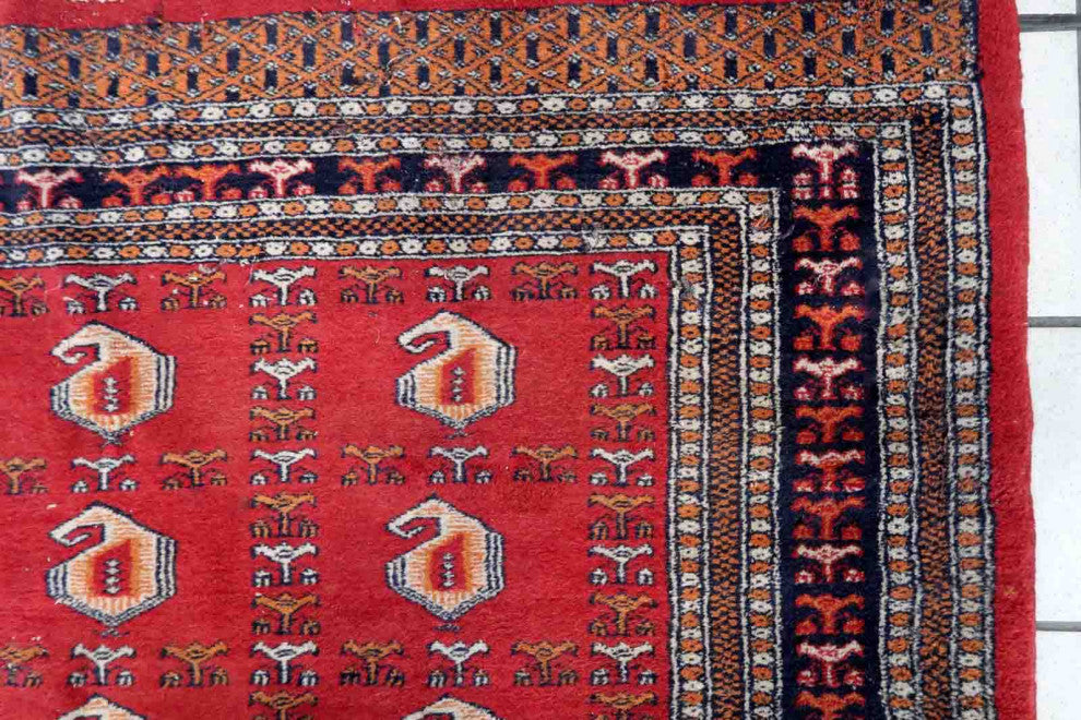 Handmade Vintage Uzbek Bukhara Rug 4.1'x6.4', 126cmx195cm 1960s