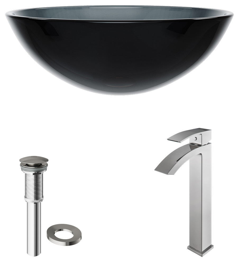 VIGO Sheer Black Glass Vessel Sink and Faucet Set, Black