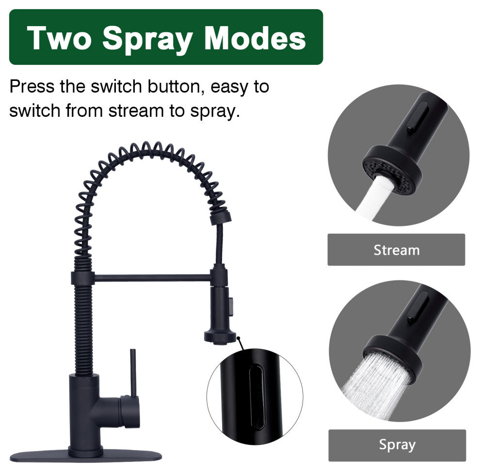 Matte Black Pre-Rinse Spring Kitchen Faucet with Pull Down Sprayer, Matte Black
