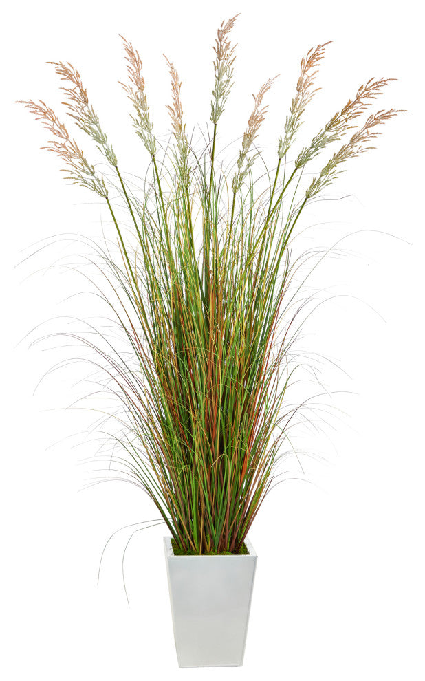 74" Grass Artificial Plant, White Metal Planter