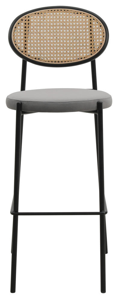 LeisureMod Euston Wicker Bar Stool With Black Steel Frame and Footrest, Gray