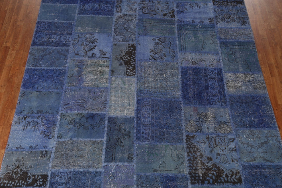 Blue Over-dyed Patchwork Turkish Area Rug Hand-tufted Wool Carpet 9x12