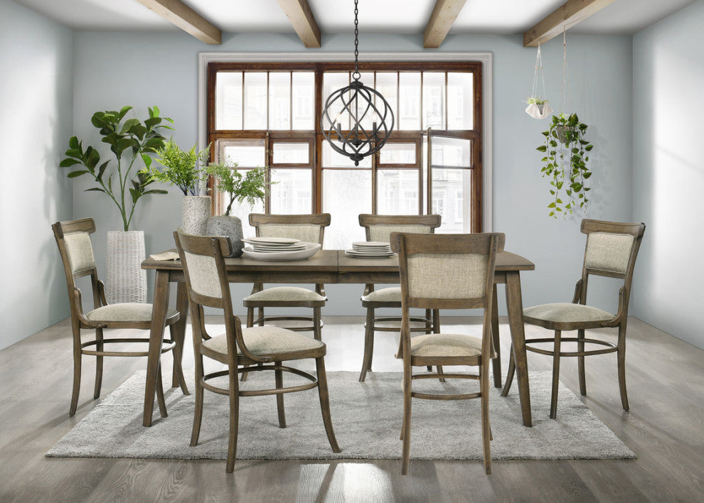 Bistro Vintage Walnut 7-Piece 72" Dining Set With Off White Fabric Dining Chairs
