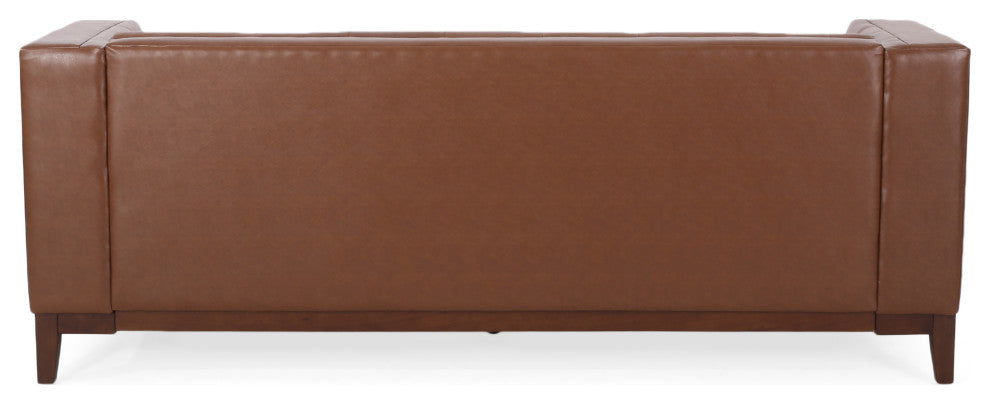 Stefan Mid Century Faux Leather Tufted 3 Seater Sofa, Cognac + Espresso