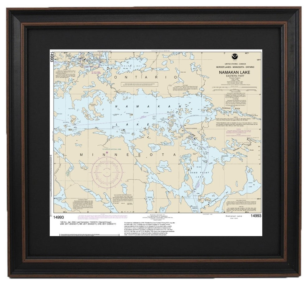 Framed Nautical Chart, Namakan Lake, Minnesota, 24x21