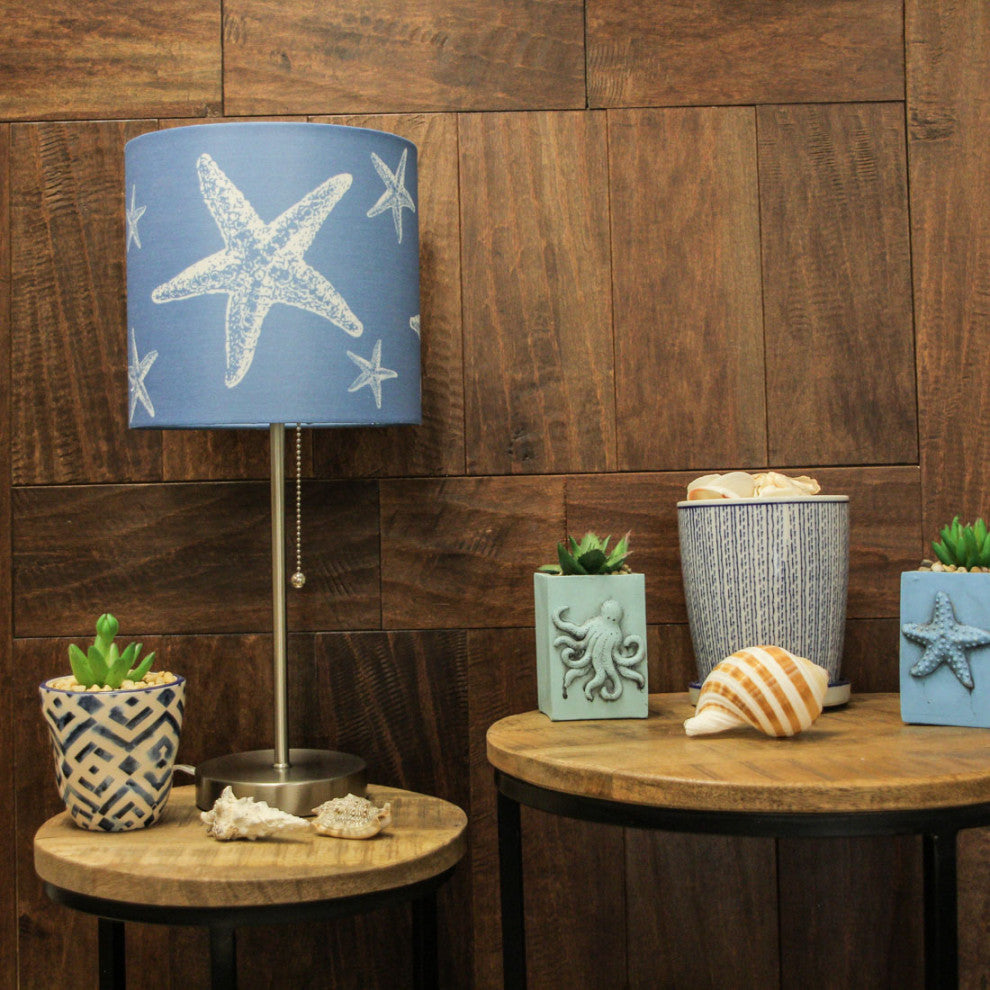 Brushed Nickel Finish Table Lamp With Coastal Blue Starfish Shade