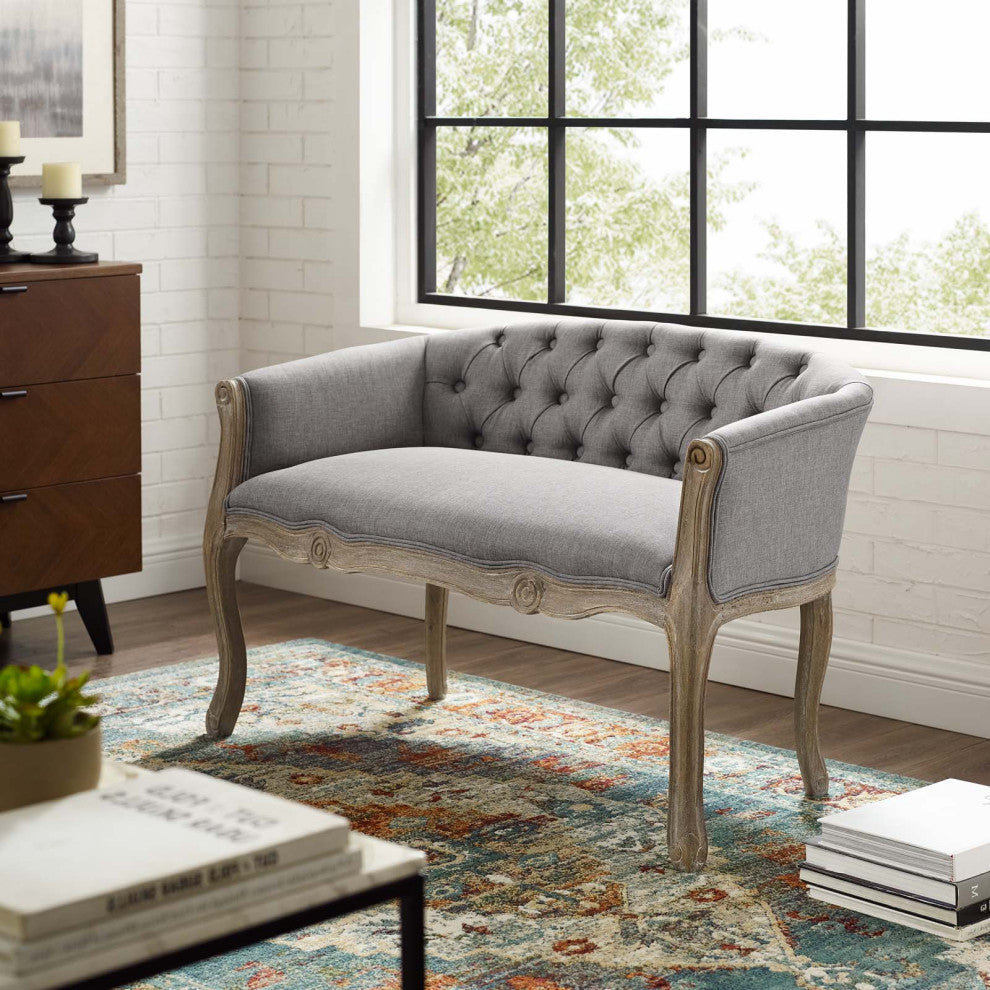 French Vintage Loveseat Sofa, Fabric, Wood, Gray, Modern, Lounge