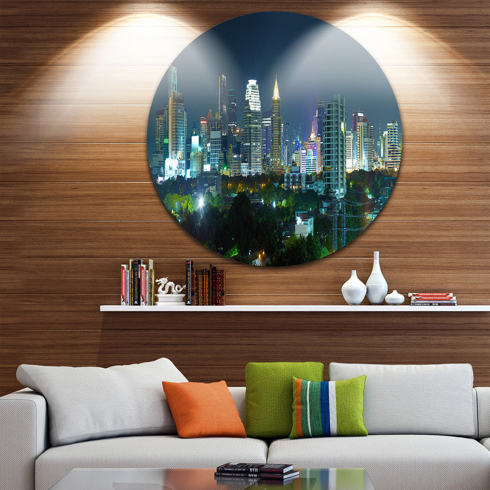 Night City Bangkok Cityscape, Photo Round Metal Wall Art, 11"