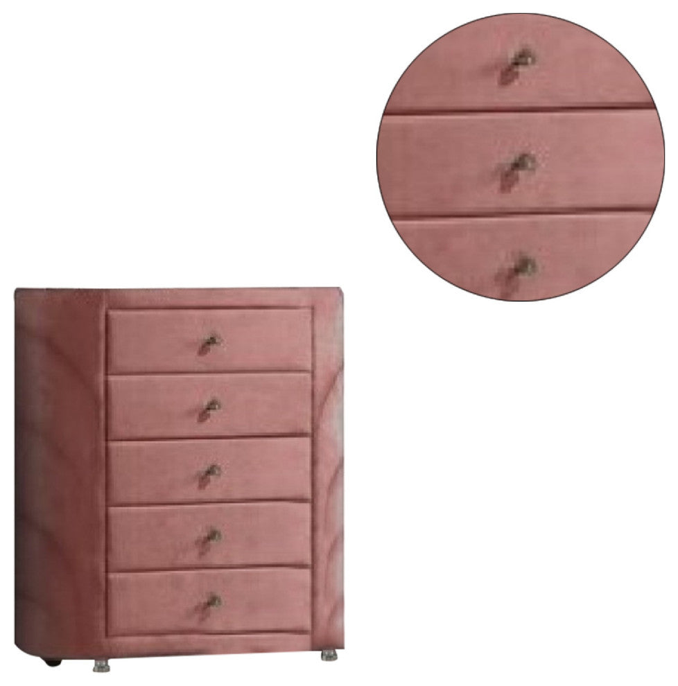 Benzara BM275663 Tall Dresser Chest, 5 Drawers, Round Metal Knobs, Velvet, Pink