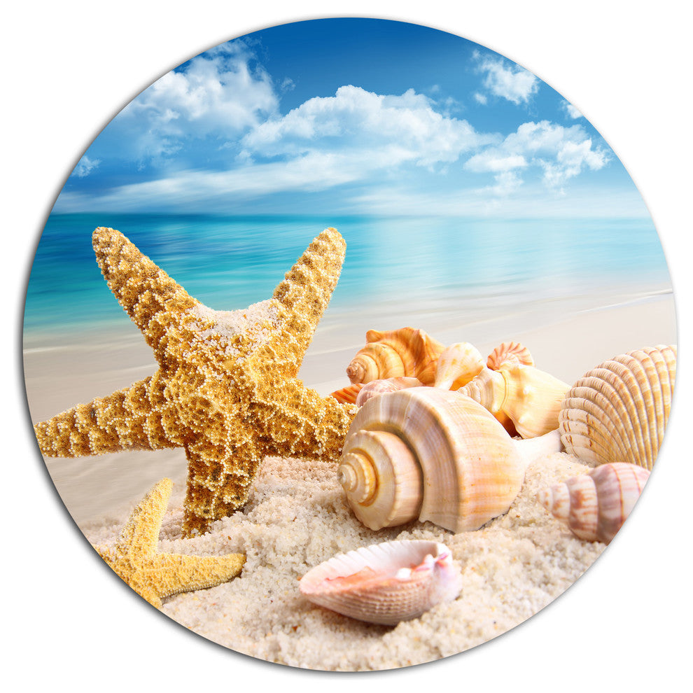 Starfish And Seashells On Beach, Seashore Round Metal Wall Art, 11"