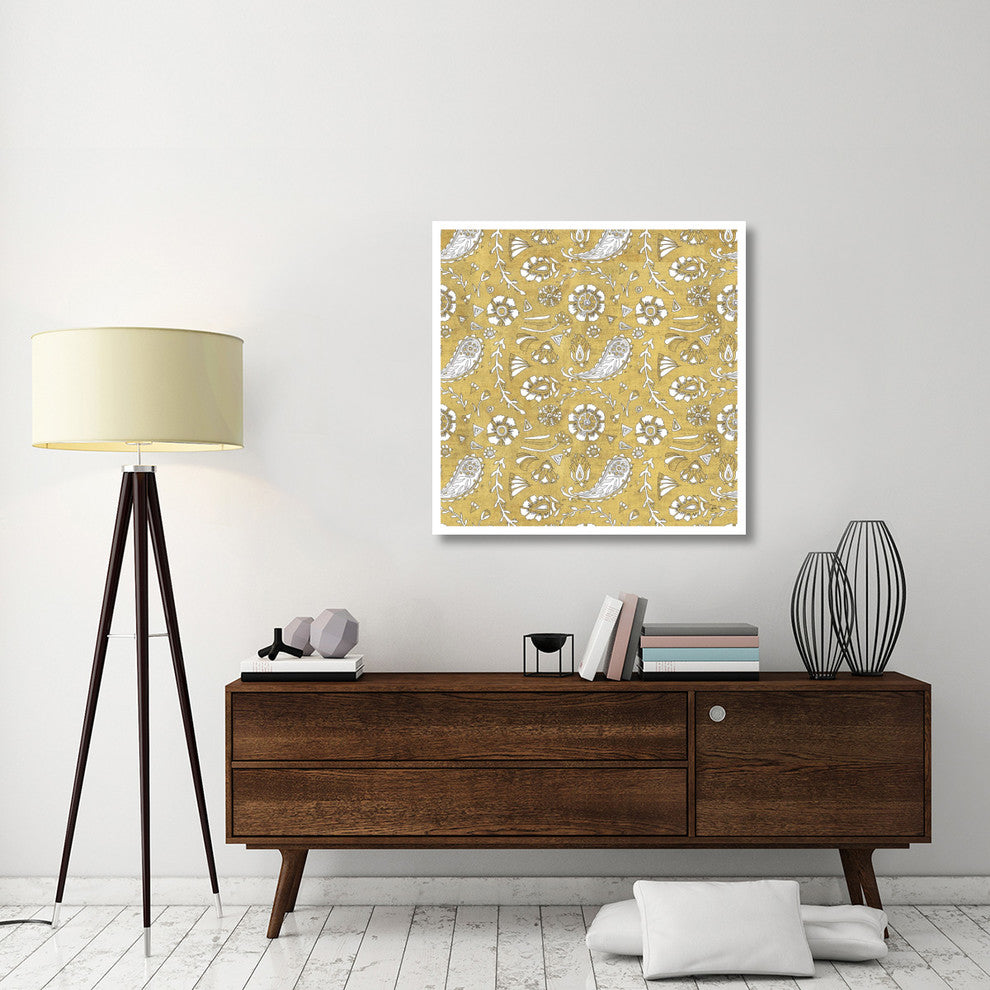 "Color my World Nordic Woodcut Pattern Gold" Print by Daphne Brissonnet, 38"x38"