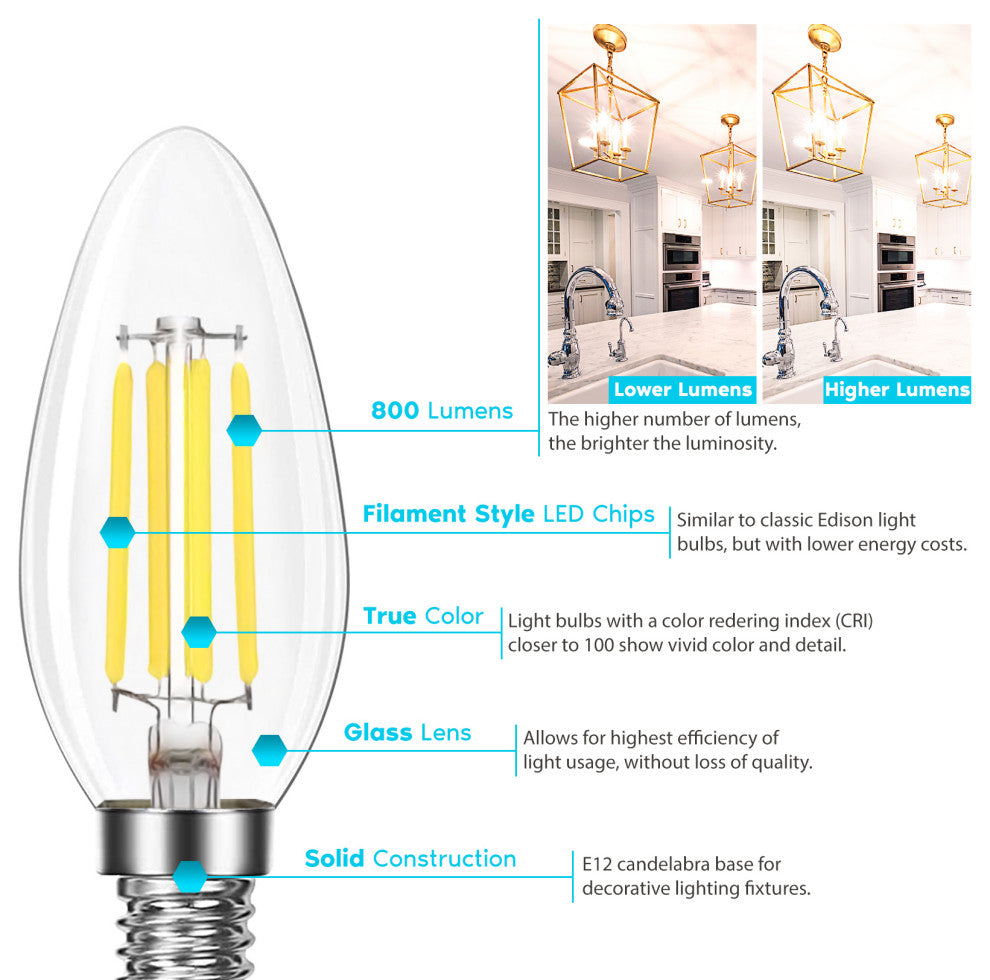 Luxrite 100W Candelabra LED Light Bulbs B11 5000K 800LM E12 16-Pack