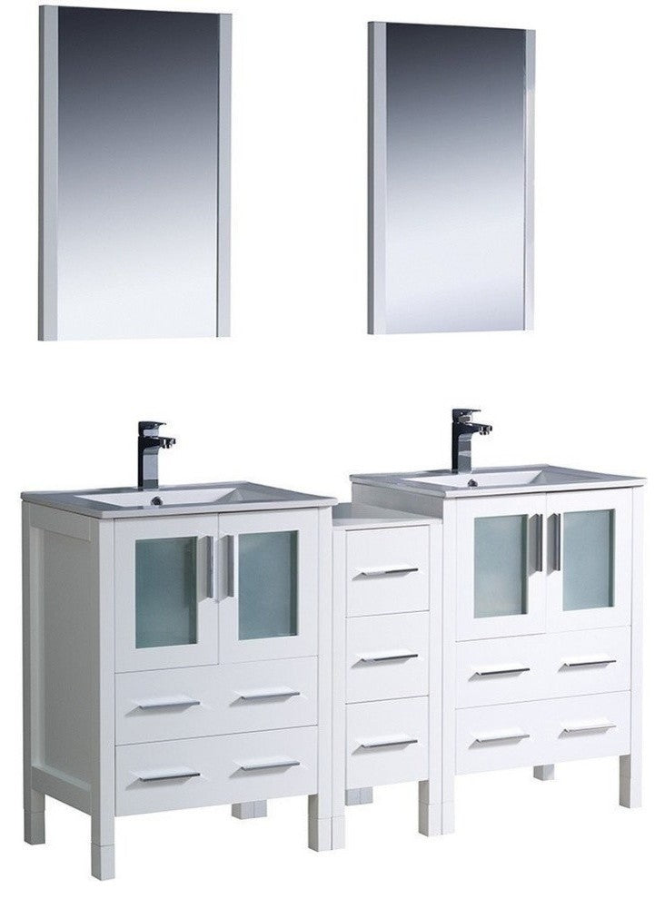 Torino 60" White Modern Double Sink Bathroom Vanity, Faucet FFT1030BN
