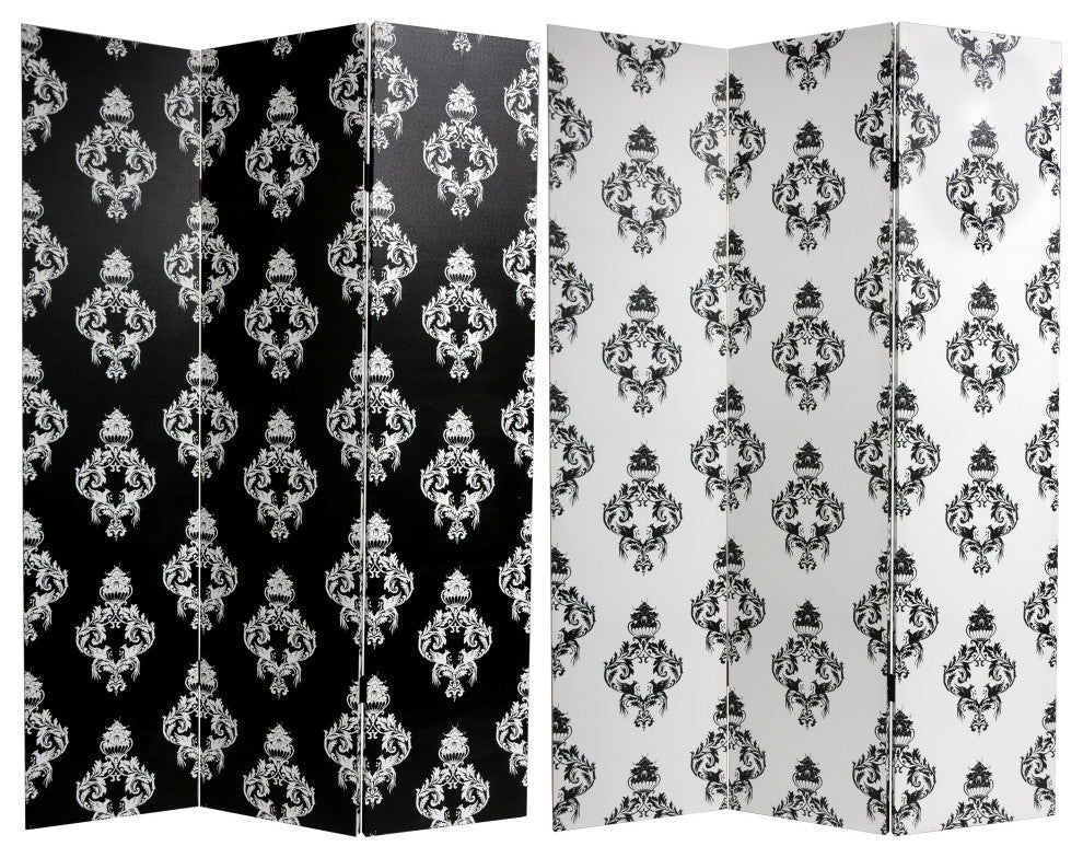 6' Tall Double Sided Black and White Damask Canvas Room Divider