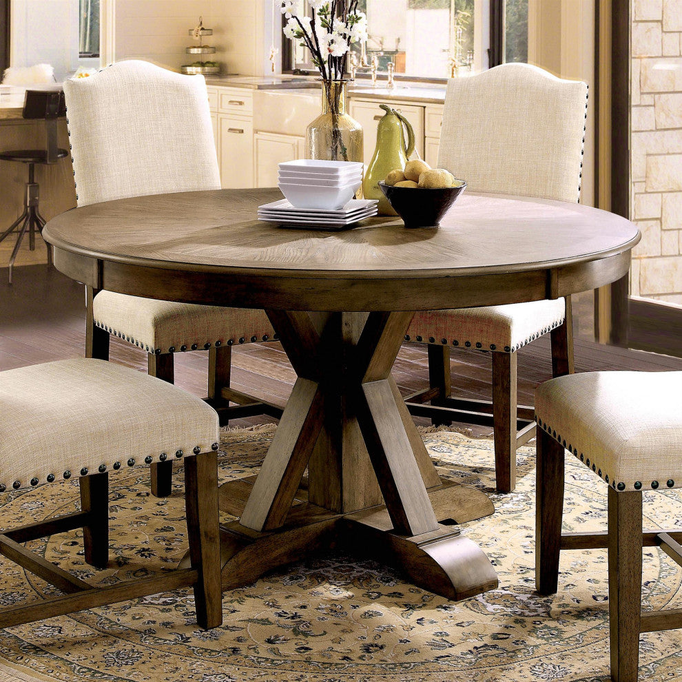 Furniture of America Kora Rustic Round Trestle Wood Dining Table in Light Oak