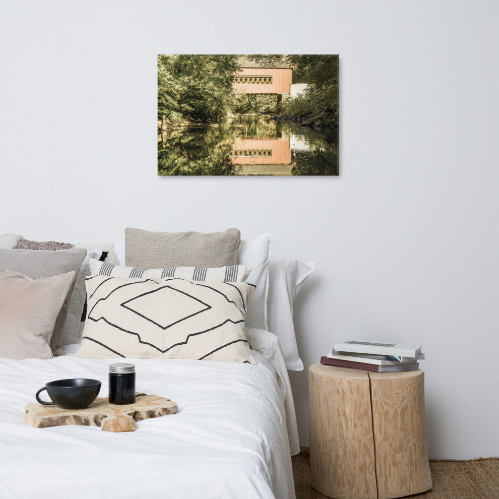 The Reflection of Wooddale Covered Bridge Aged Canvas Wall Art Print, 24" X 36"