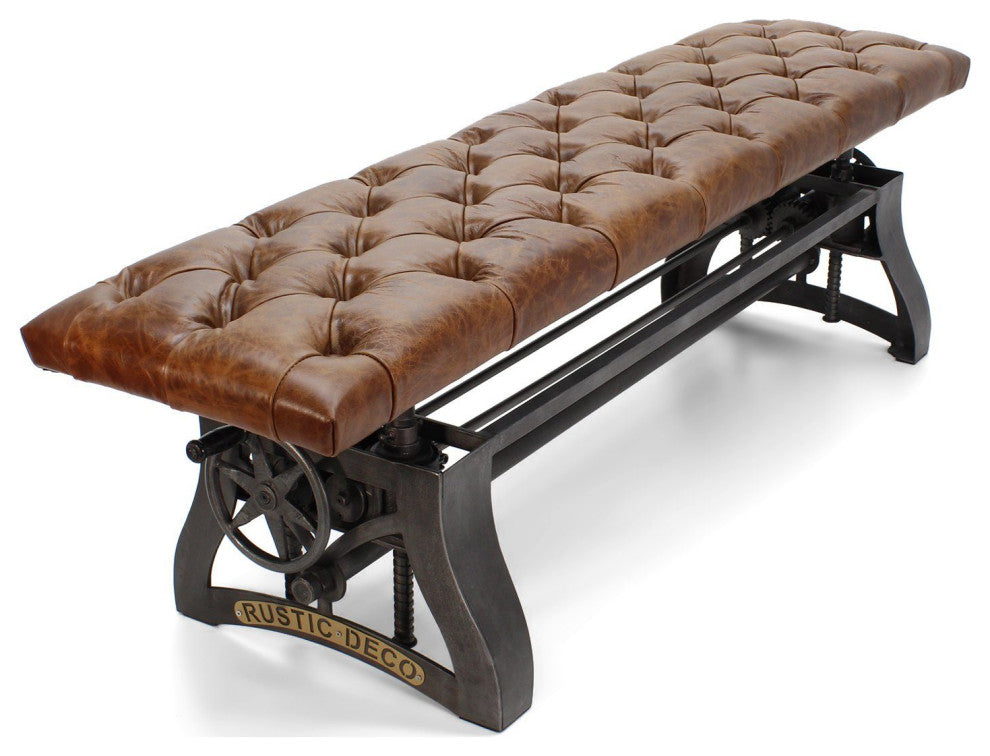 Crescent Industrial Dining Bench - Adjustable Iron Base - Brown Leather Seat