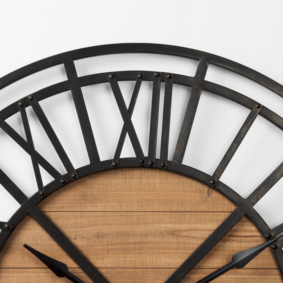 Lewiston Black Iron With Brown Wood 42" Round Wall Clock