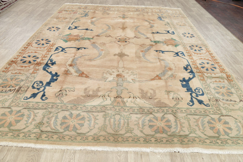 Consigned, Traditional Vintage Handmade Persian Distressed Area Rug, Beige, 8x11