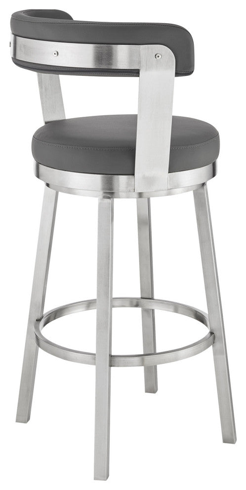 26" Chic Gray Faux Leather With Stainless Steel Finish Swivel Bar Stool