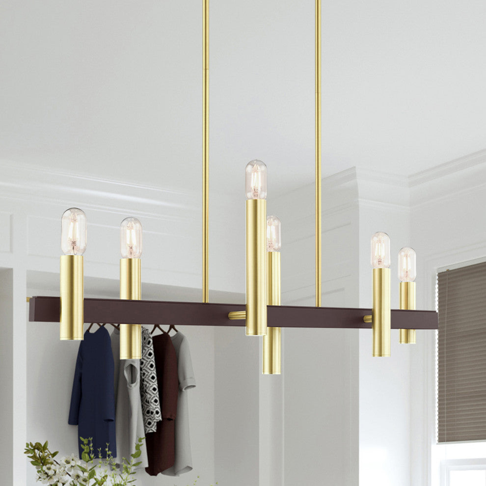 Livex Lighting Helsinki 6 Light Satin Brass, Bronze Accents Linear Chandelier