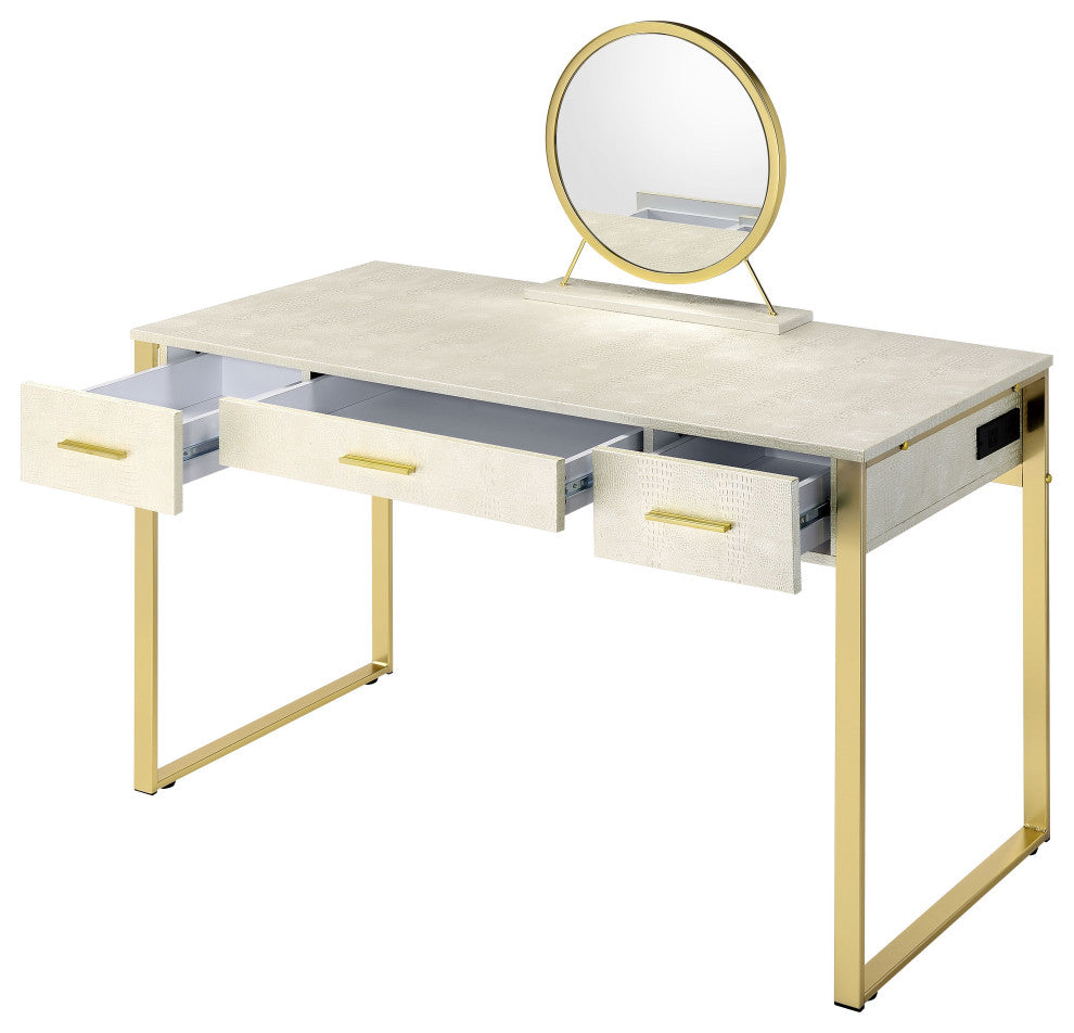 ACME Myles Vanity Set With USB Port, Antique White, Champagne