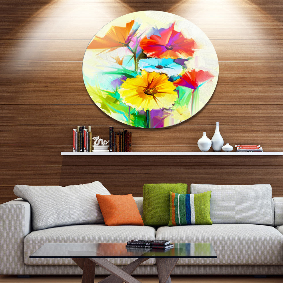 Colorful Gerbera Flower Sketch On White, Floral Disc Metal Artwork, 38"