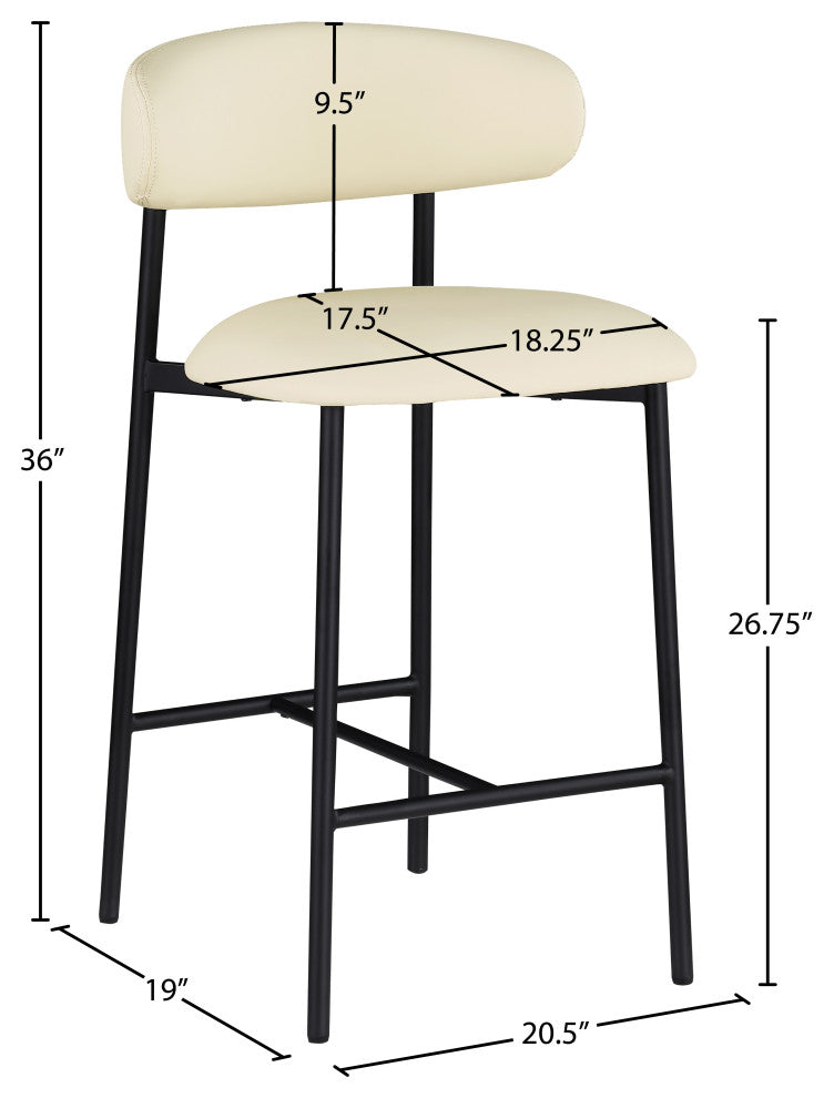Lupita Upholstered Counter Stool, Cream, Vegan Leather, Matte Black, Set of 2
