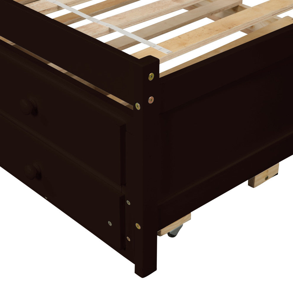 Full/Twin Wood Frame Platform Bed with Trundle and Drawers, Espresso, Twin