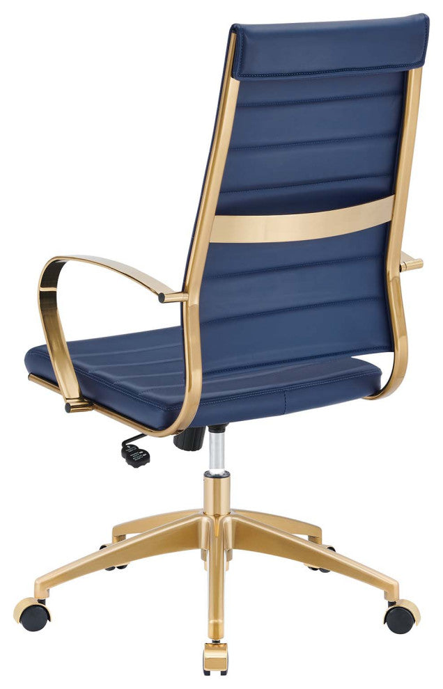 Computer Work Desk High Back Chair, Navy Gold, Faux Vinyl Leather, Home Office