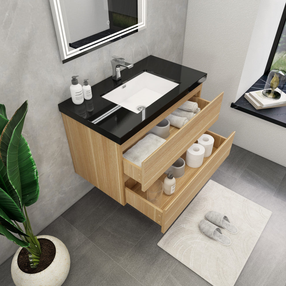Belli 36" Wall Mounted Single Bathroom Vanity Set, White Oak, Matt Black Top