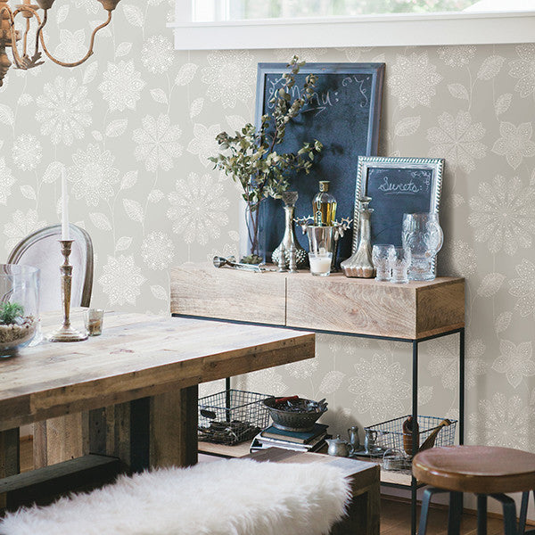 Intricate Bohemian Monochromatic Floral Wallpaper, Taupe, Sample
