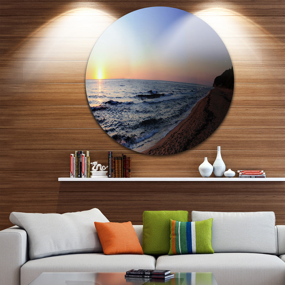 Sunset Beach Panorama, Modern Seashore Disc Metal Wall Art, 36"