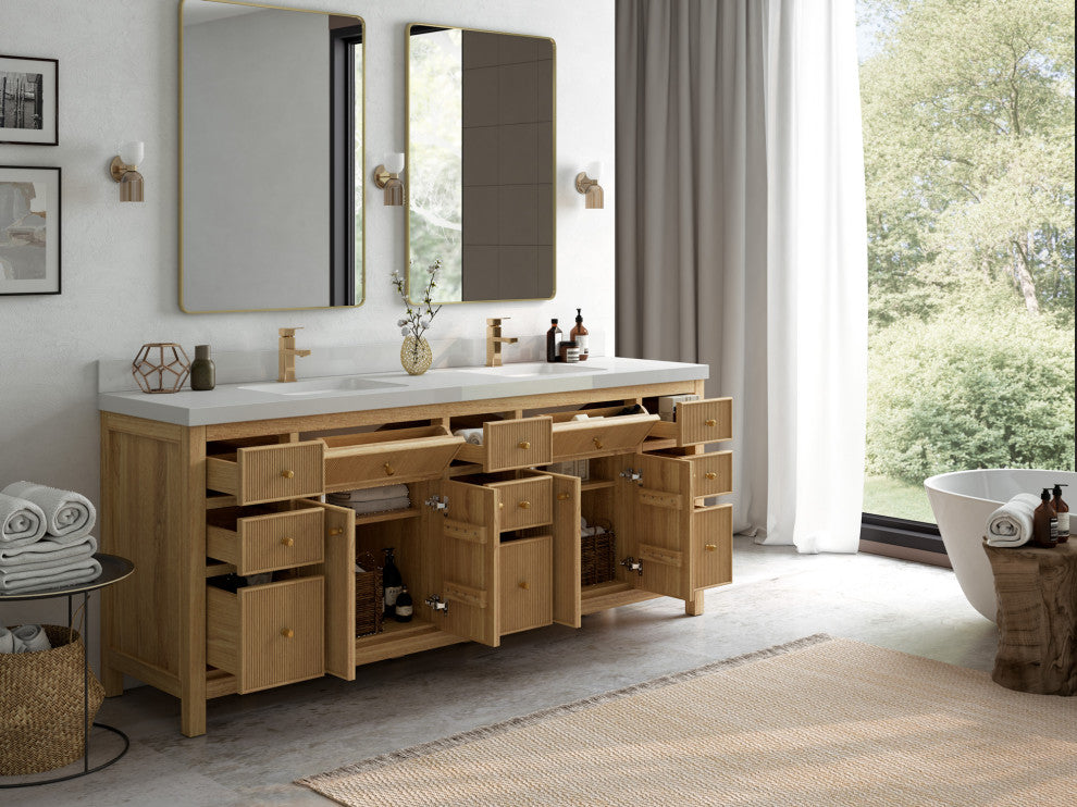 Sonoma 84 Double Sink Bath Vanity in Light Natural Teak with 2" Carrara Quartz