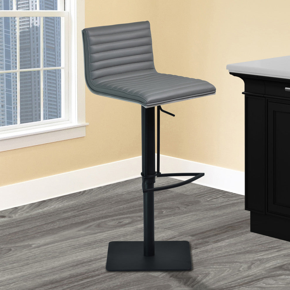 Gray Faux Leather Armless Swivel Bar Stool With Black Metal Base