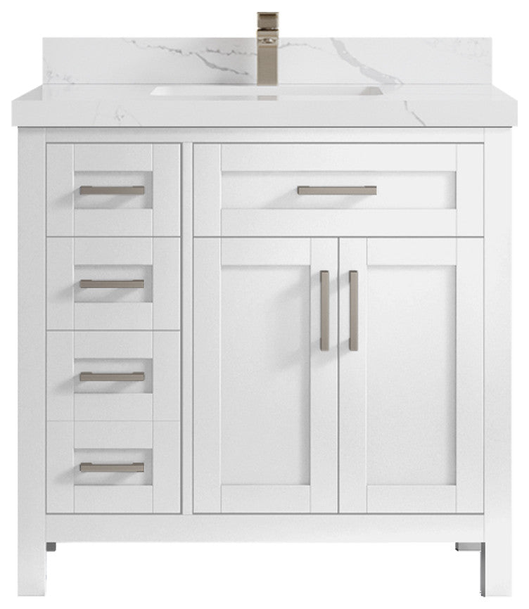 Cambridge 36 Center Sink Bath Vanity in White 2" Calacatta Laza