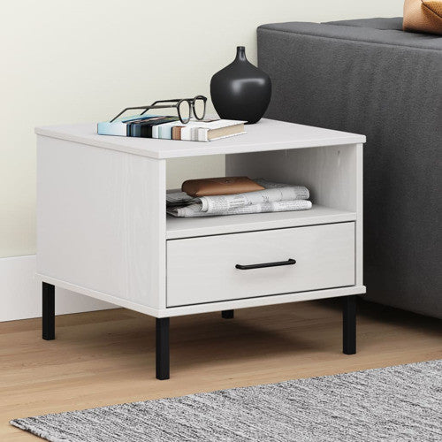 vidaXL Bedside Table Nightstand with Metal Legs White Solid Wood Pine OSLO