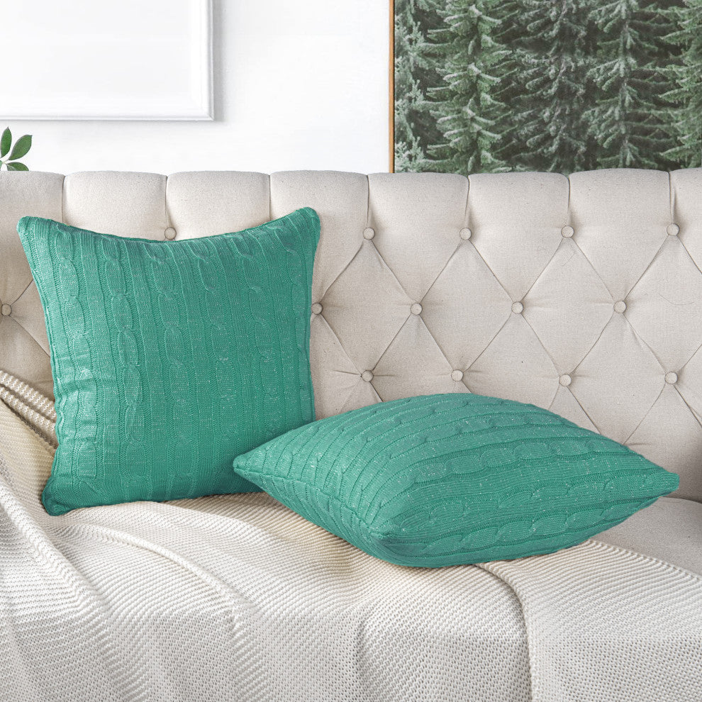 Cable Knit 2 Piece Throw Pillow Shell Set, Blue Turquoise, 2 Piece, 20"x20"