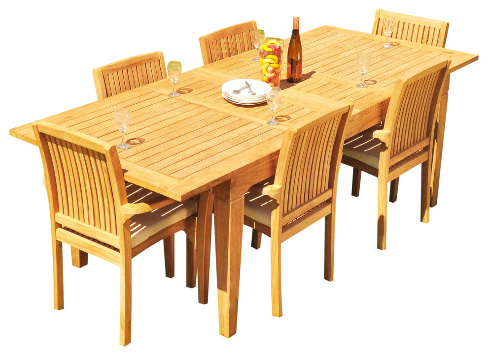 7-Piece Outdoor Teak Dining Set: 122" Rectangle Table, 6 Lua Stacking Arm Chairs