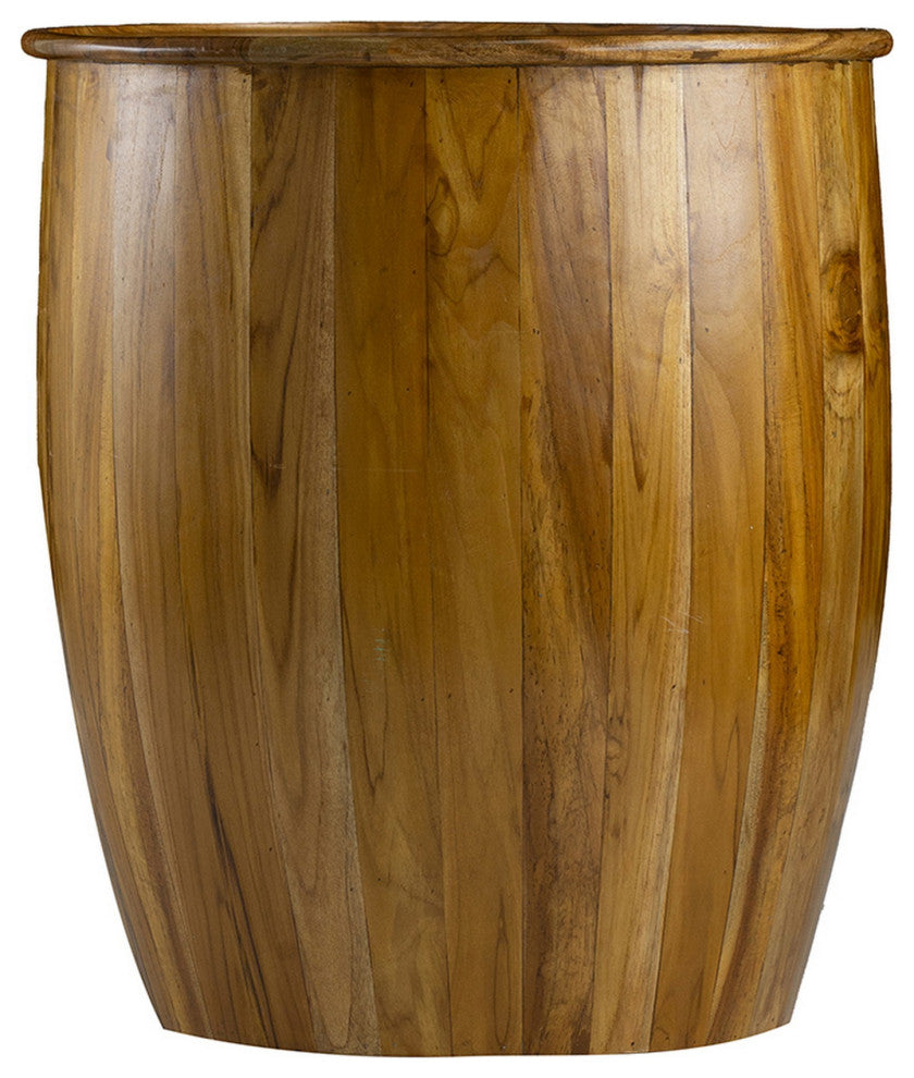 Benzara Round Accent Side Table, Mango Wood, Barrel Shape, Classic Brown