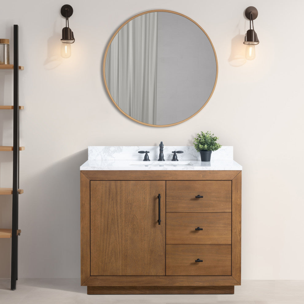 Vanity Art Bathroom Vanity With Sink, Tan, 42" Single, Arabescato White Engineered Marble Top