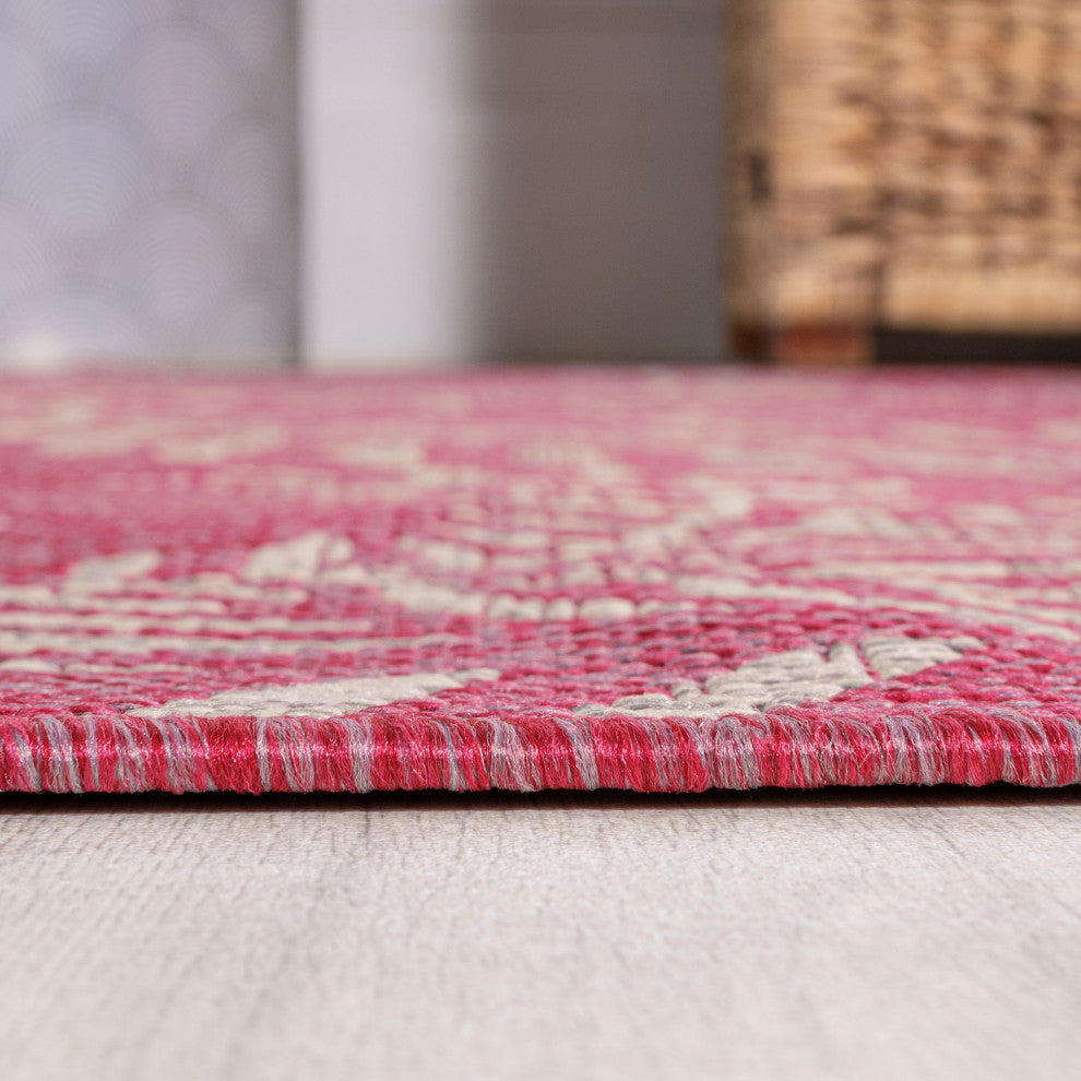 Nevis Palm Frond Indoor/Outdoor, Fuchsia/Light Gray, 2x10