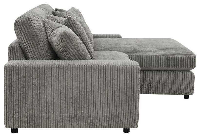 L-Shaped Corduroy Sectional Sofa with 6 Pillows in Gray